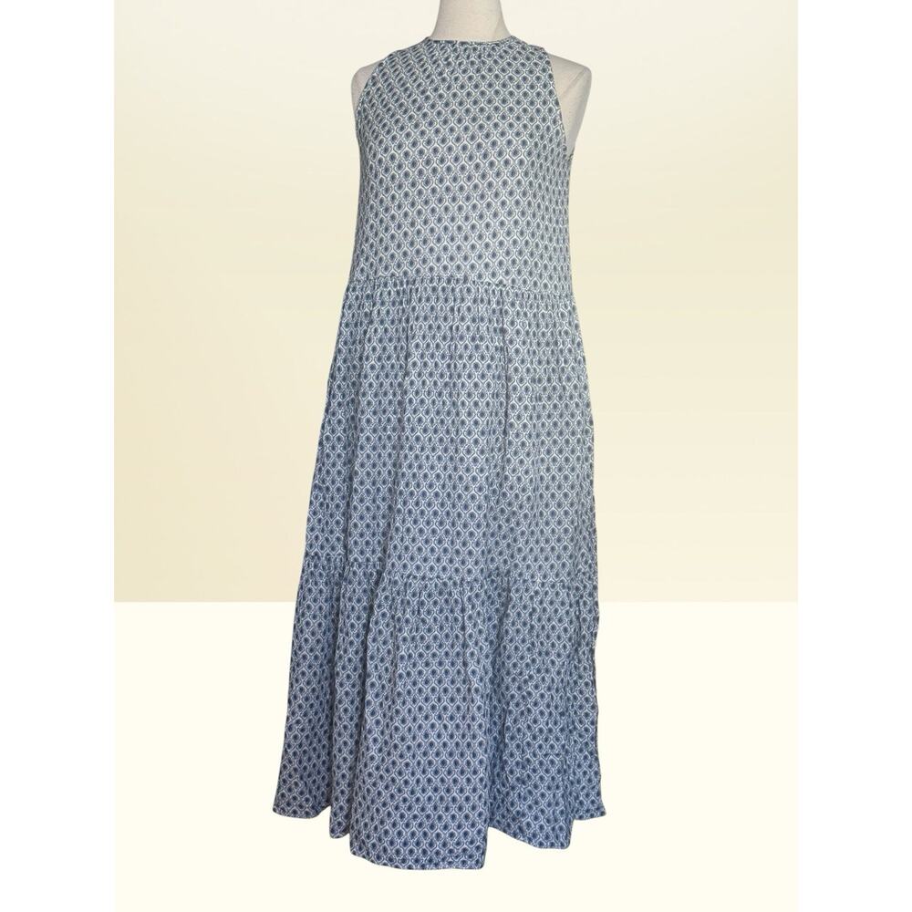 Ann Taylor Maxi Dress Sz XS 38" Bust Cotton Blue Tiny Paisley Print Pockets Boho - Picture 2 of 10